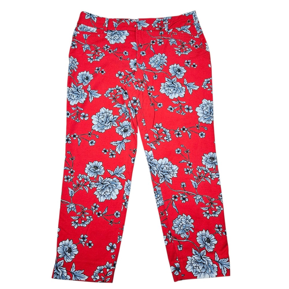 Roz & Ali Modern Floral Ankle Pants Red Blue White Botanical Sz 14